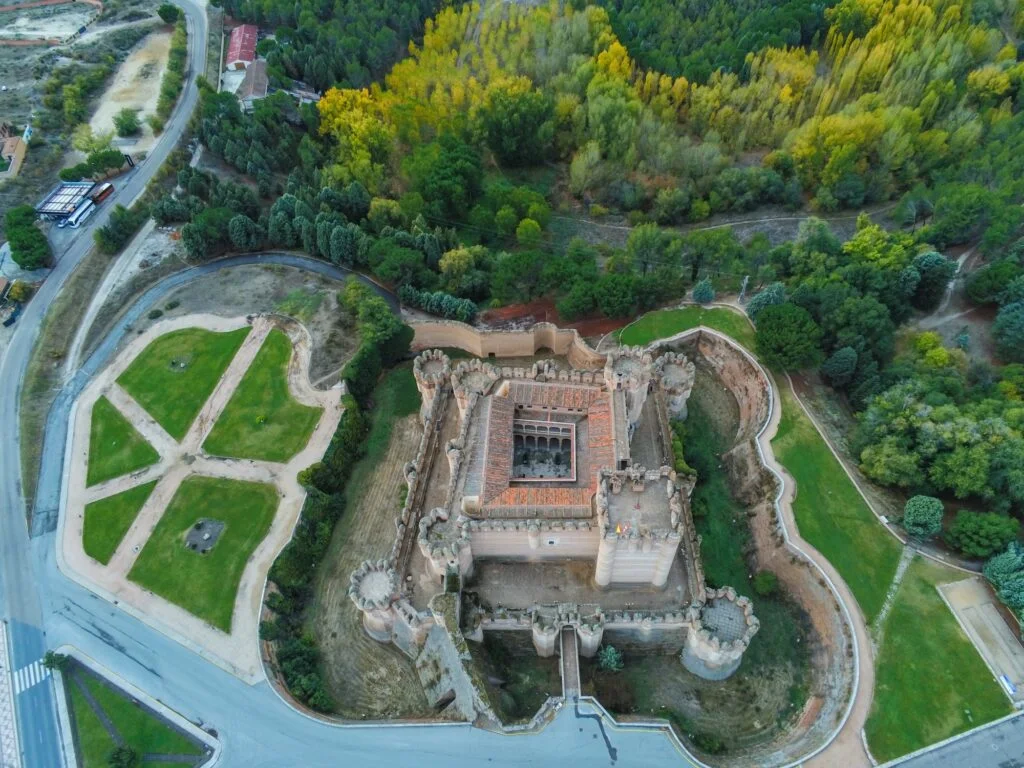 Aerial view in castle of Coca, historical village of Segovia,Spain. Drone Photo