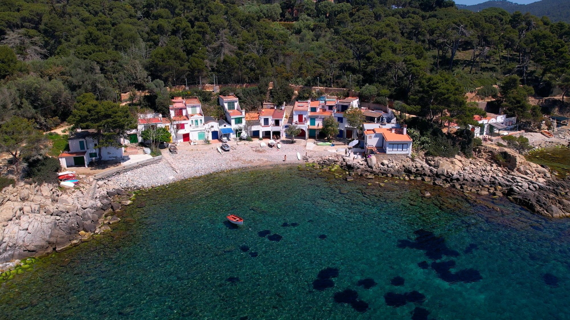 Aerial view of cala s'Alguer, a lovely beach in Costa Brava, Catalonia, Spain