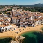 Aerial view of Costa Brava paradise beach in summer. Calella de Palafrugell village