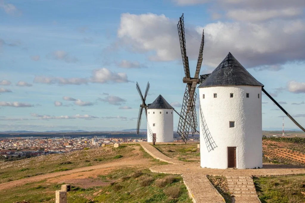 Beautiful view of windmills of Campo de Criptana, Spain on a cloudy day