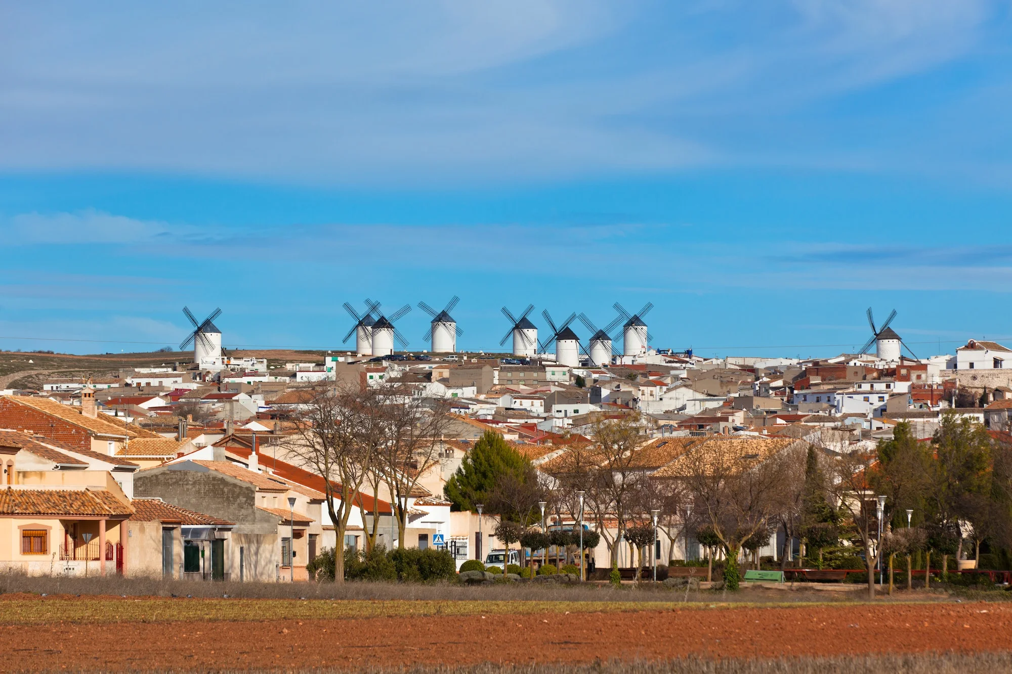 Old Spanish windmills view, Campo de Criptana