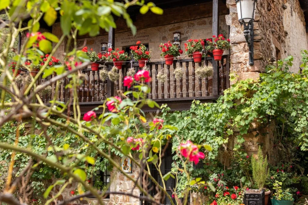 Picturesque stone houses with flowers and narrow streets in Barcena Mayor village in Spain