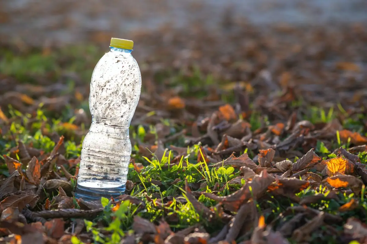 Used plastic bottle thrown away on grass covered ground outdoors. Pollution of nature concept