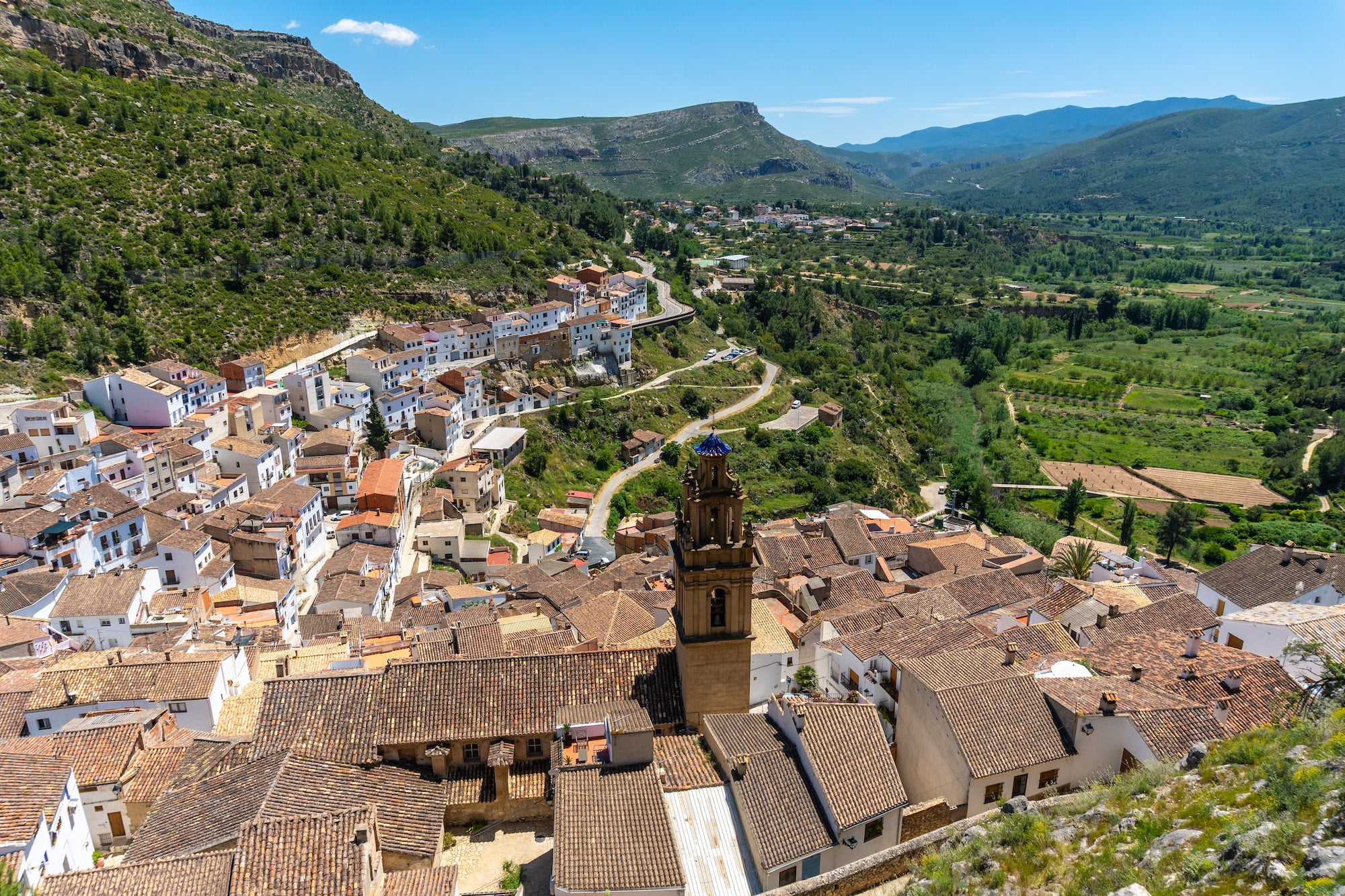 View of the town from the castle of the town of Chulilla in the mountains